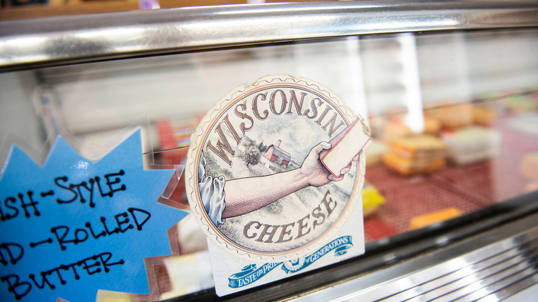 Wisconsin cheese sign on display cabinet