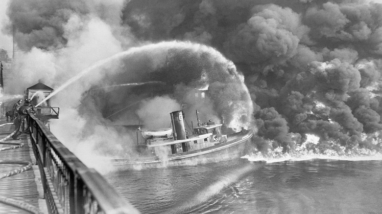 Fire on Cuyahoga River in Black and White