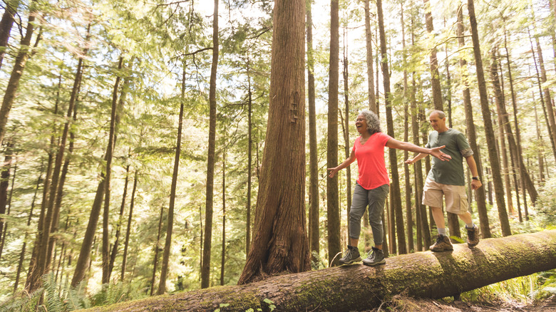 mature couple hiking in forest