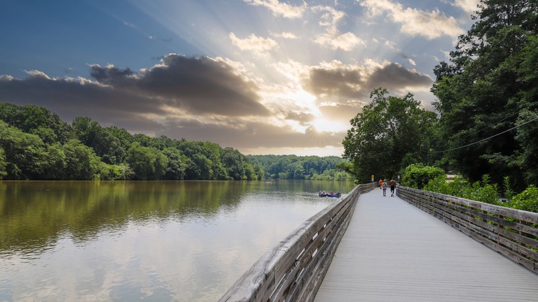 Accessible wooden boardwalk by lake