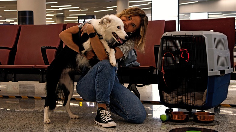Traveler hugs her large dog
