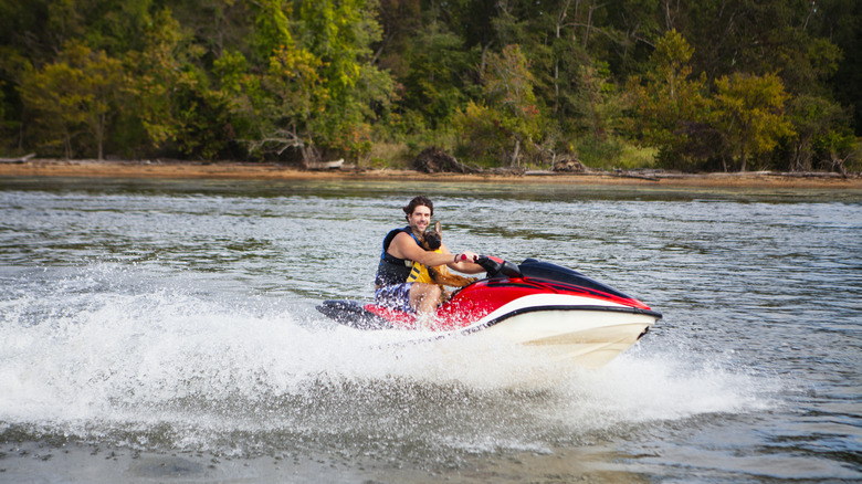 Traveler riding jet ski with dog