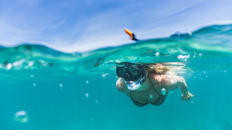 Traveler snorkeling in clear waters