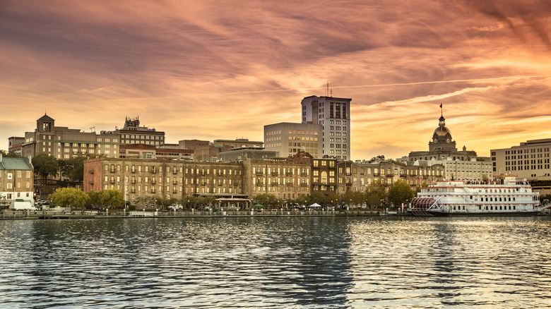 Savannah riverfront at sunset