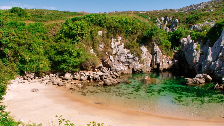 Gulpiyuri Beach with surrounding meadows, cliffs