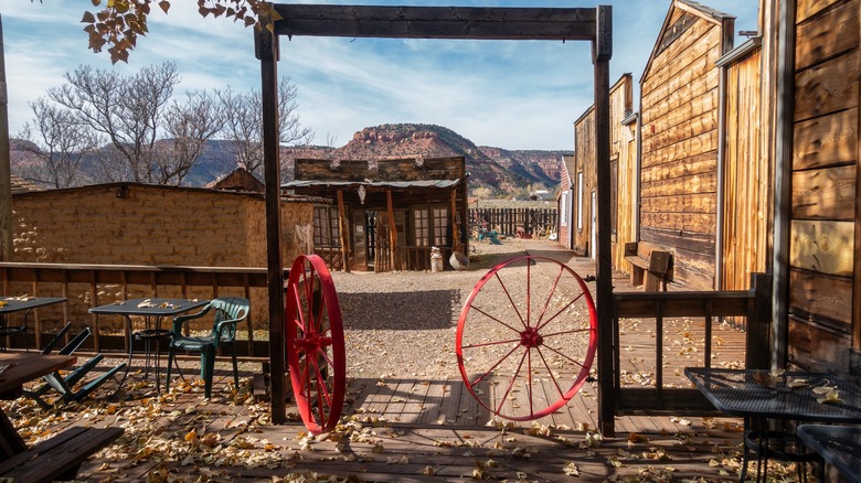 Wooden door frame view of mountains