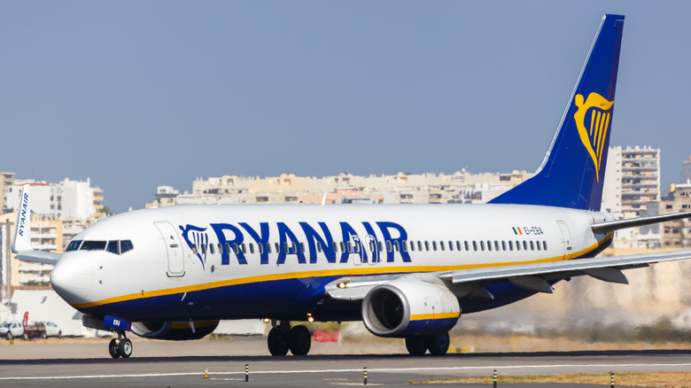 A Ryanair plane on a tarmac.