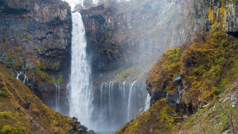 Kegon waterfall mossy rocks Nikko Japan