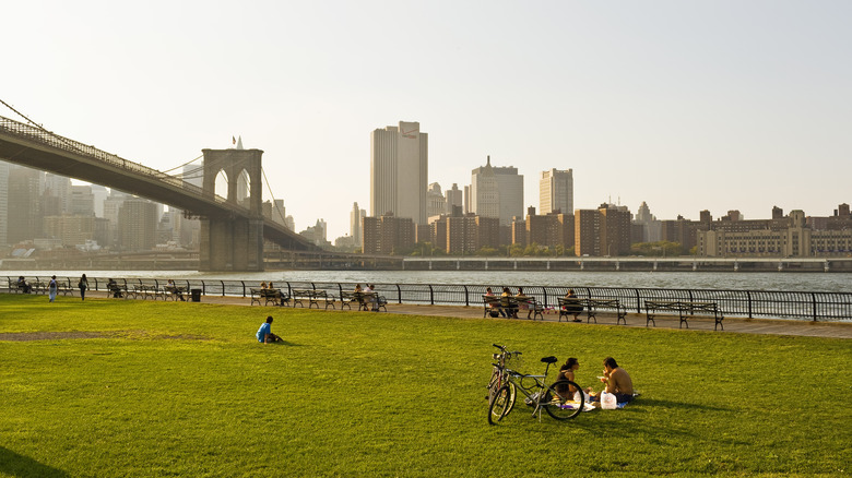 View of city park at sunset