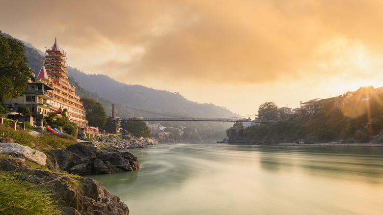 View of temple and bridge over Ganges River