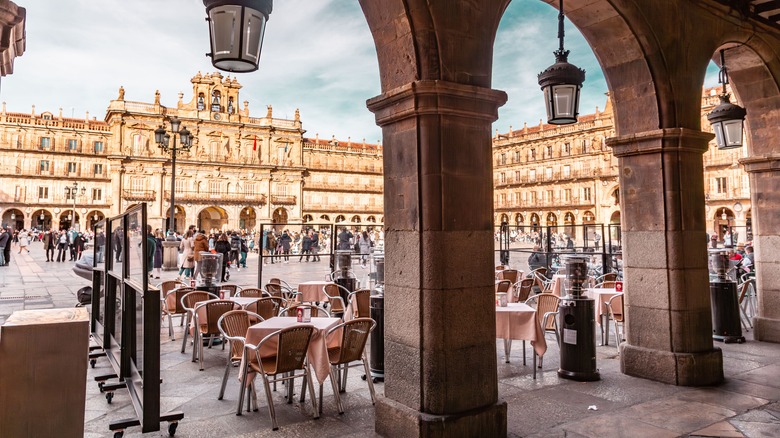 Rows of café tables at the Plaza Mayor