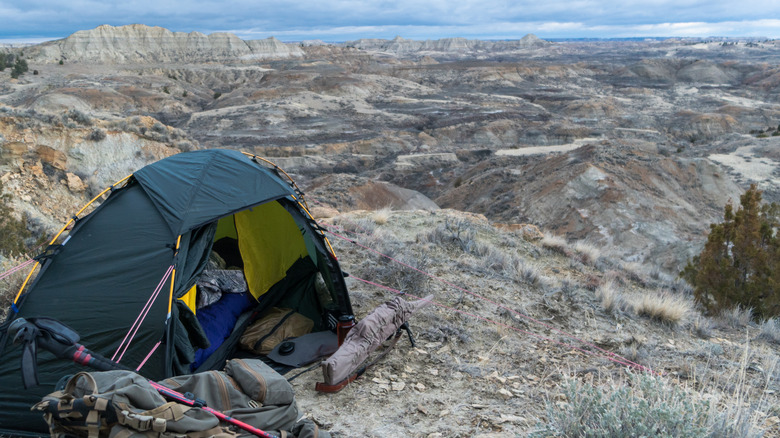 tent in North Dakota badlands