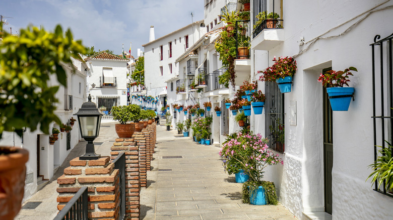 white buildings with blue flowerpots line alleyway in Mijas Pueblo Spain