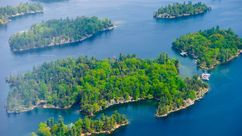 Aerial view of Thousand Islands on the St. Lawrence River