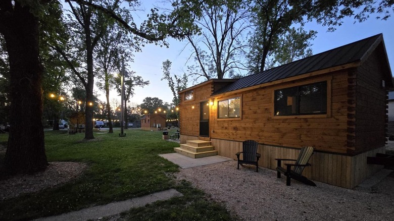 Wooden cabin at dusk