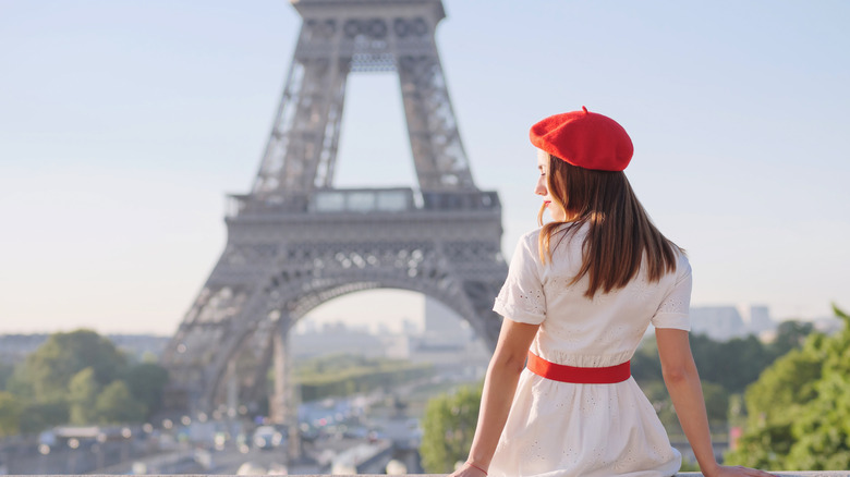 Woman in red beret in Paris