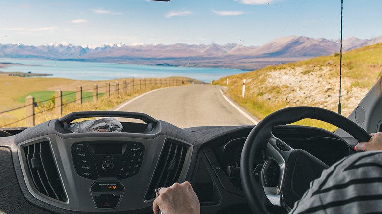 Driving a campervan in the beautiful scenery of New Zealand