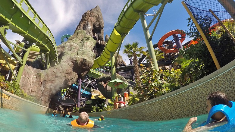 Volcano Bay roller coaster over pool