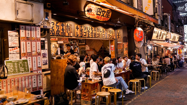 Outdoor seating at a restaurant in Japan.