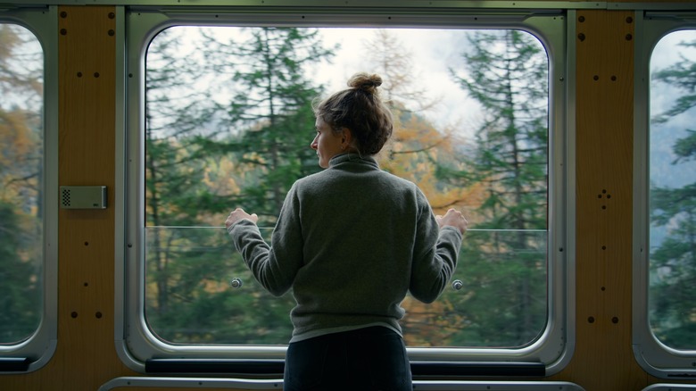 Passenger looking out train window