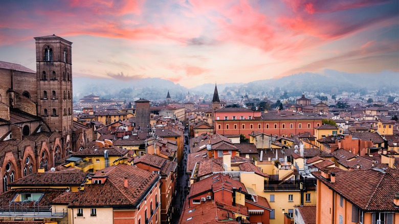 aerial sunrise shot of Bologna