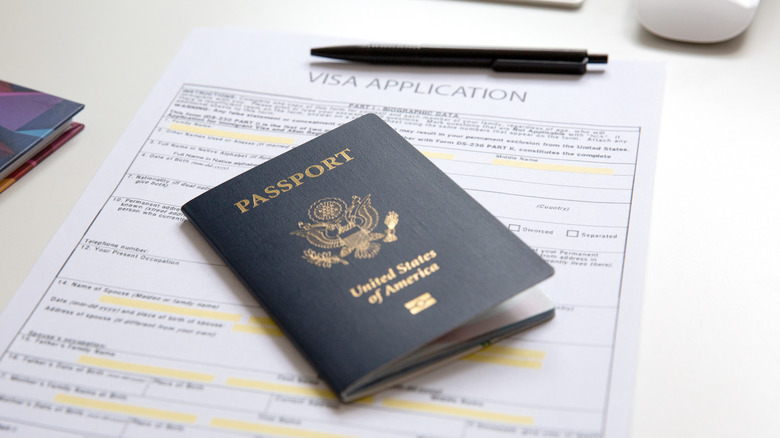 An American passport on a visa application.