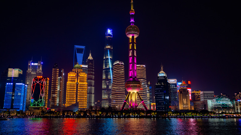 Neon skyscrapers Oriental Pearl Tower night