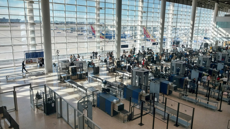 Overhead view of a TSA security checkpoint at an airport