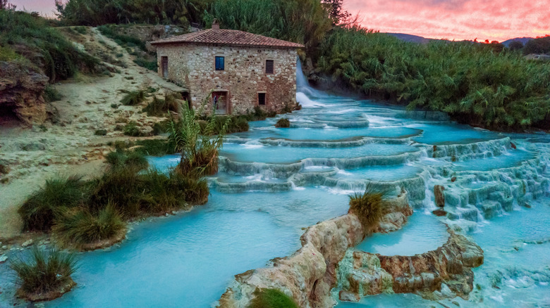 Saturnia Hot Springs in Tuscany, Italy, at sunset