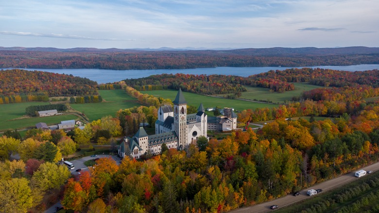 Abbey amongst fall foliage