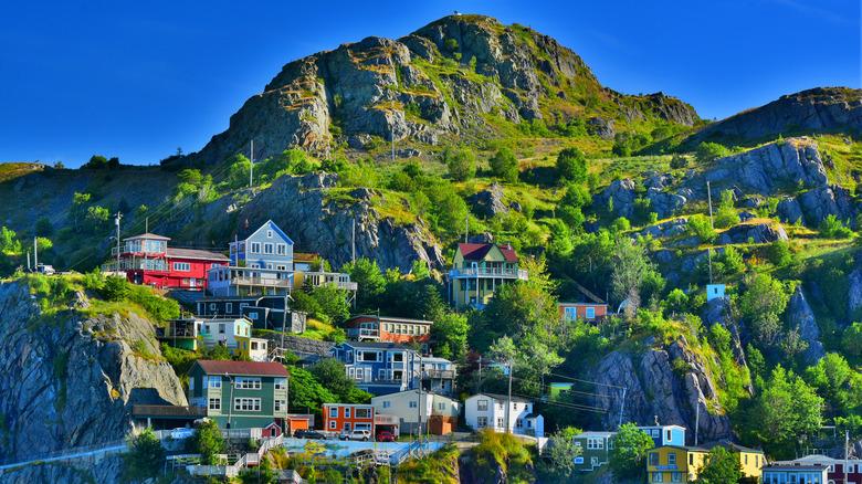 Colored houses built into green hill