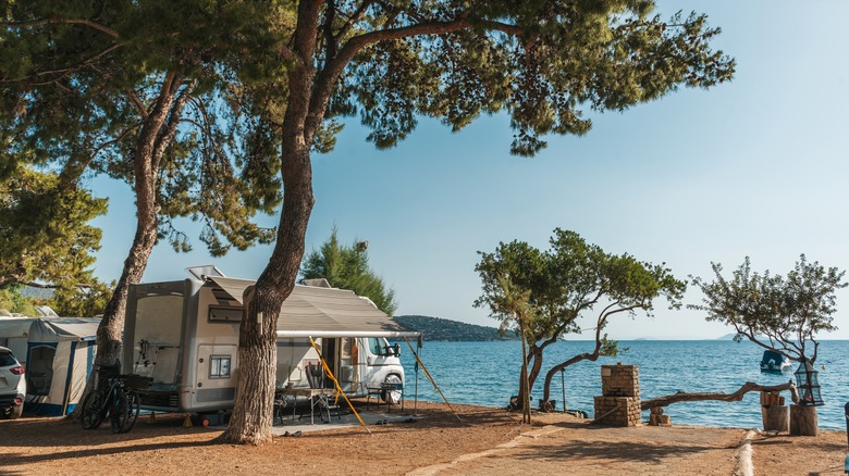 RV parked under trees near the shore