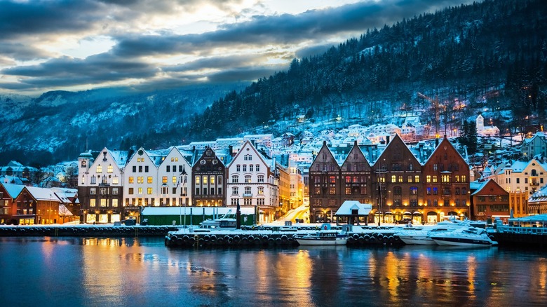 Norwegian coastal town in snow