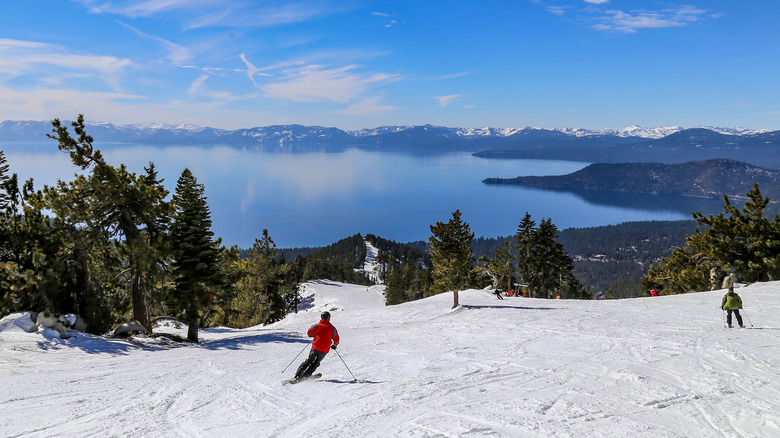Skiier overlooking Lake Tahoe
