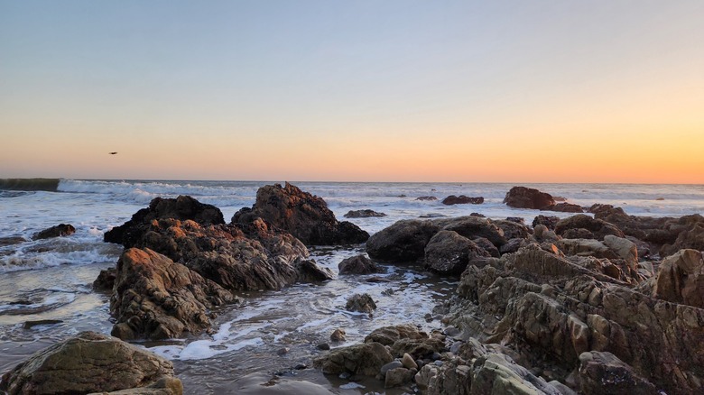 Rocky beach at sunset