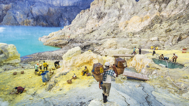 Sulfur mining in the crater of Mount Ijen