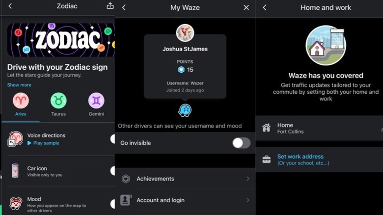 Three screenshots of Waze app