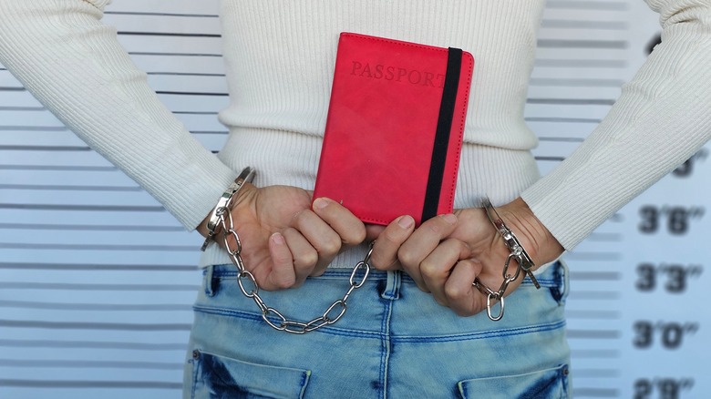 handcuffed person holding a passport