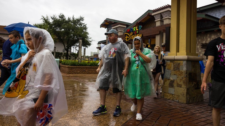 Guests in raincoats outside World of Disney