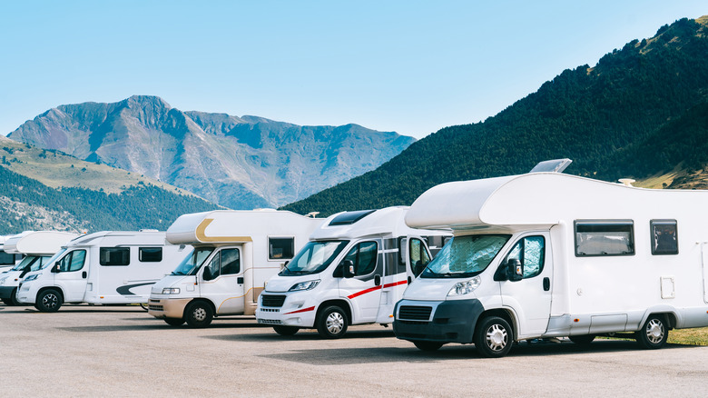 different RVs parked in a parking lot