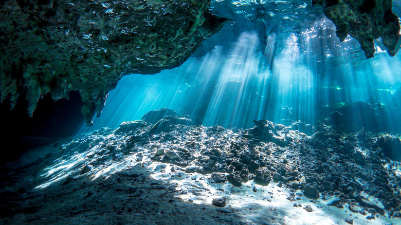 Sun light beams into cenote