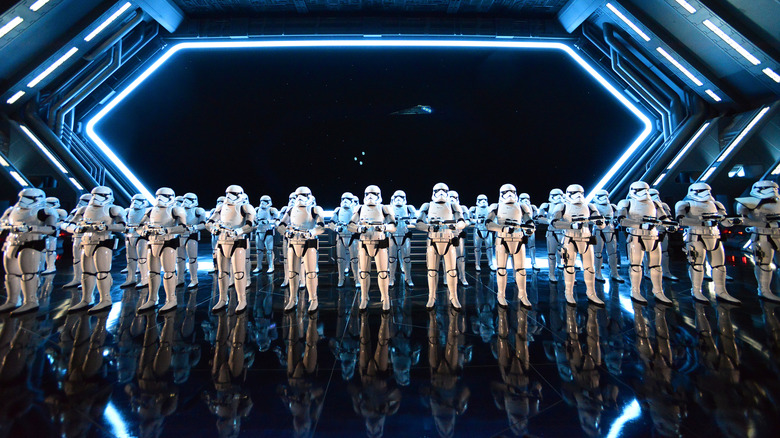 Stormtroopers line up on stage