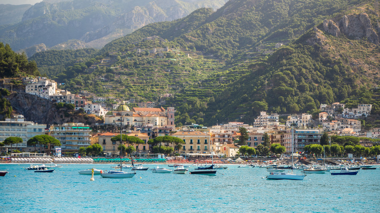 Quaint seaside town towering mountains on the Amalfi Coast