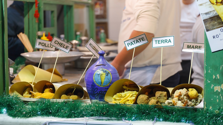 Various fried foods on display, Italy