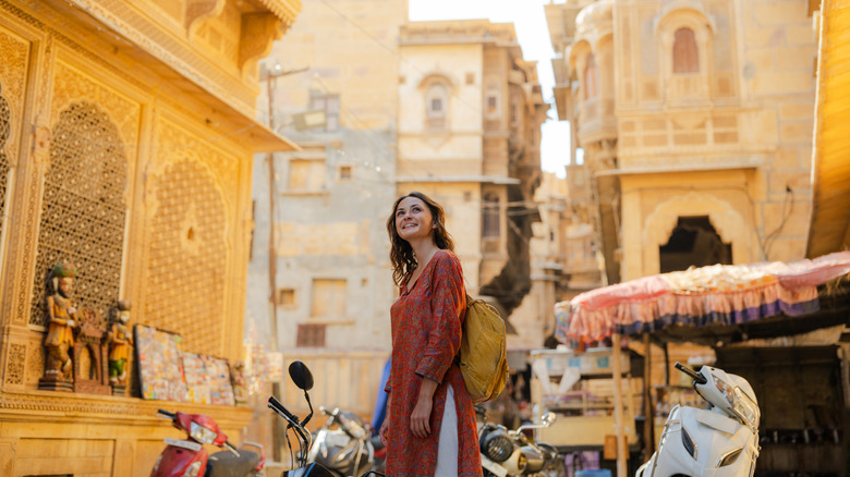 Traveler walking around Indian market