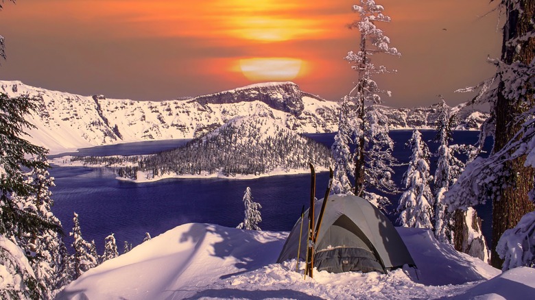 Camping tent on the snowy rim at Crater Lake