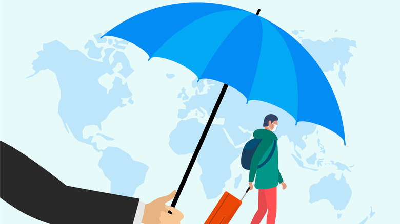 Umbrella over traveler cartoon
