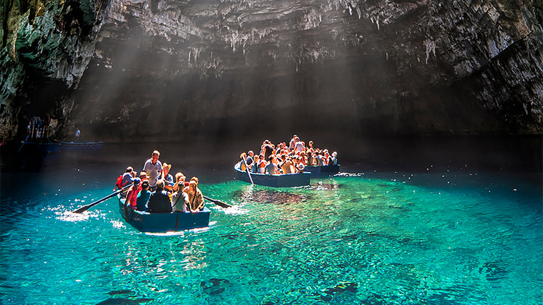 Tourists visiting Melissani Cave, Kefalonia