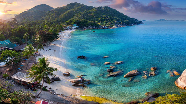 aerial of hills, beach, ocean