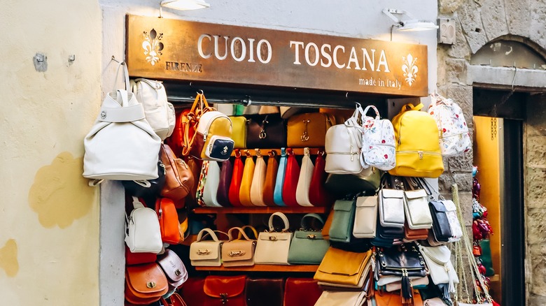 Store with hanging leather bags